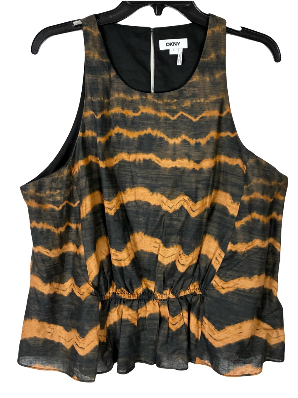Nwot DKNY Blouse L Brown Cotton Lined Abstract Art